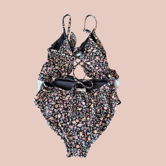 Mia Joy Girls size 12 Floral Print One Piece Ruffle Swimsuit Swim Tie Back - Picture 2 of 5